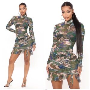 Fashion Nova Long Sleeve Angelic Moments Ruched Mini Dress Green combo
